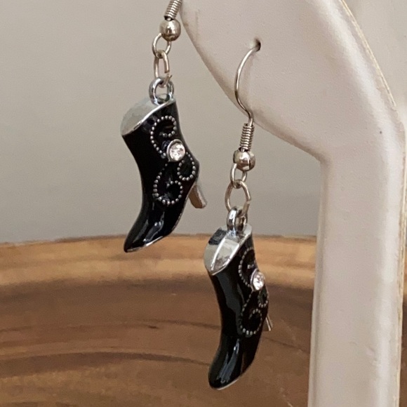 Handmade Jewelry - Enamel Dangle Western Rhinestone Cowboy Boot Earrings Black